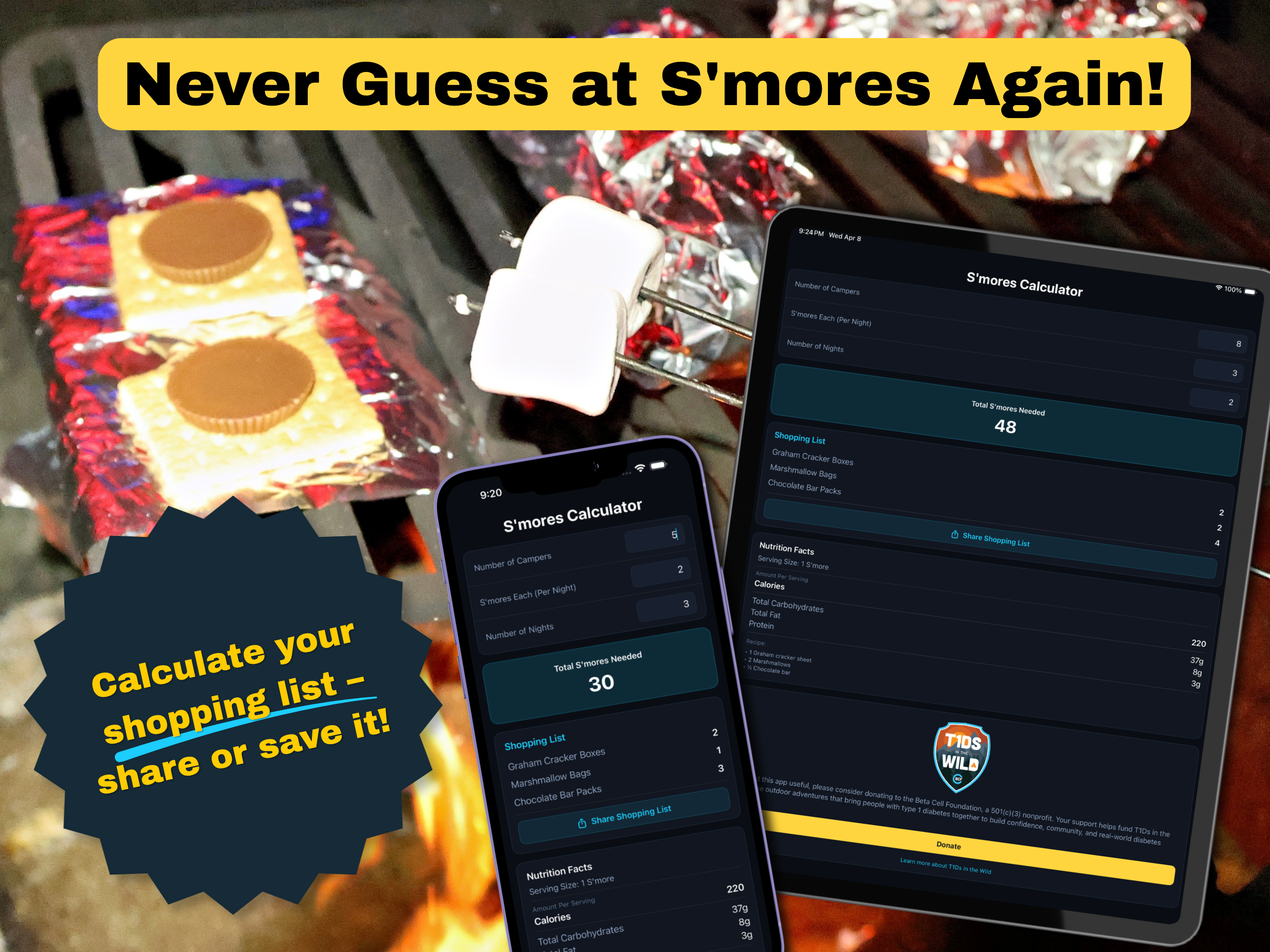 S'mores Calculator — shopping list for your next campfire